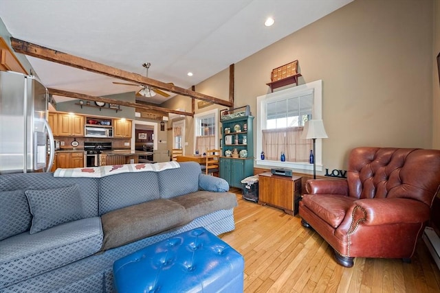 living room with ceiling fan, recessed lighting, lofted ceiling with beams, and light wood-style floors