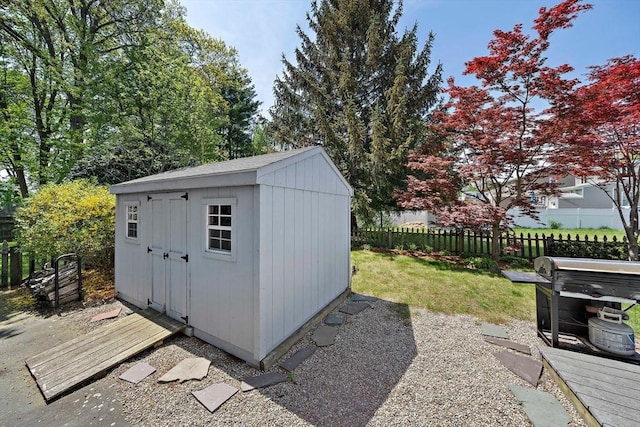 view of shed with a fenced backyard