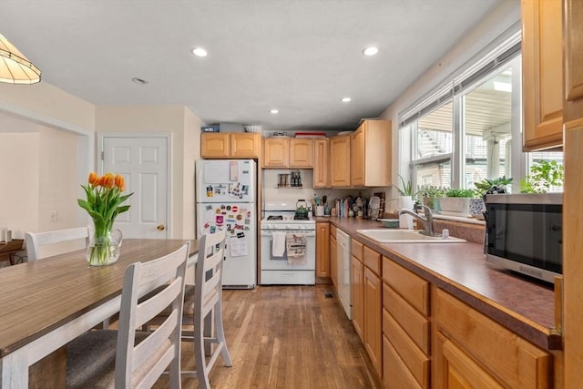 9-11 Dexter, Boston, MA 02127 - kitchen with white appliances, a sink, wood finished floors, recessed lighting, and light brown cabinetry