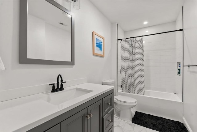 9-11 Dexter, Boston, MA 02127 - full bathroom with vanity, toilet, shower / bath combo, marble finish floors, and recessed lighting