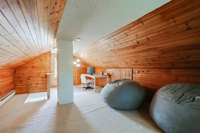 bonus room with carpet floors, wood walls, lofted ceiling, and a baseboard heating unit