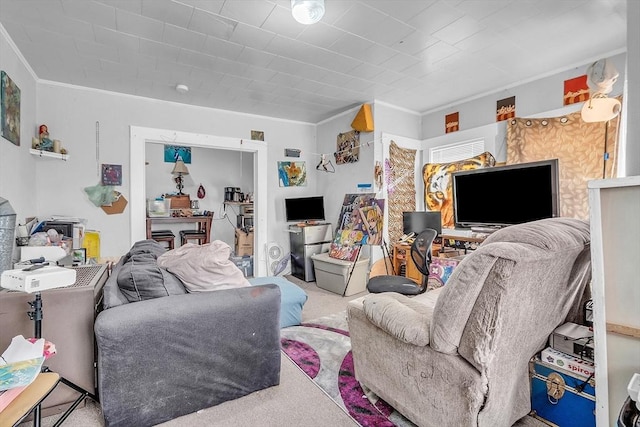 living room featuring carpet and crown molding