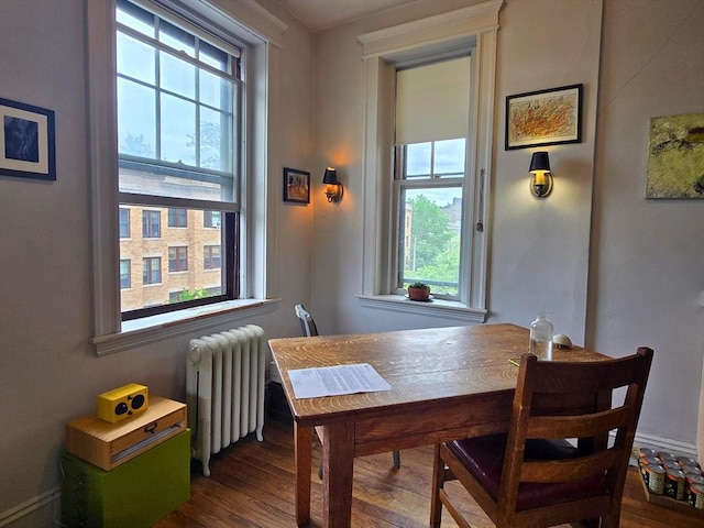 5 Crawford St Unit 9, Cambridge, MA 02139 - dining area with radiator, healthy amount of natural light, and dark wood-style floors