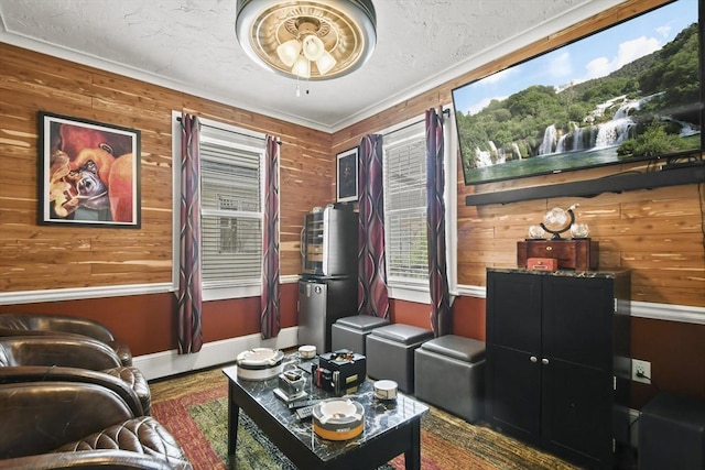 69 Greenwood St, Boston, MA 02122 - living area with wood walls, baseboards, a textured ceiling, and ornamental molding