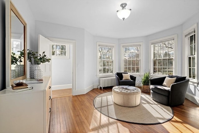 living area with radiator heating unit, baseboards, and light wood finished floors