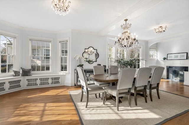 dining space featuring radiator, wood finished floors, and a chandelier