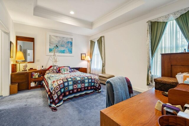 carpeted bedroom featuring a tray ceiling and crown molding