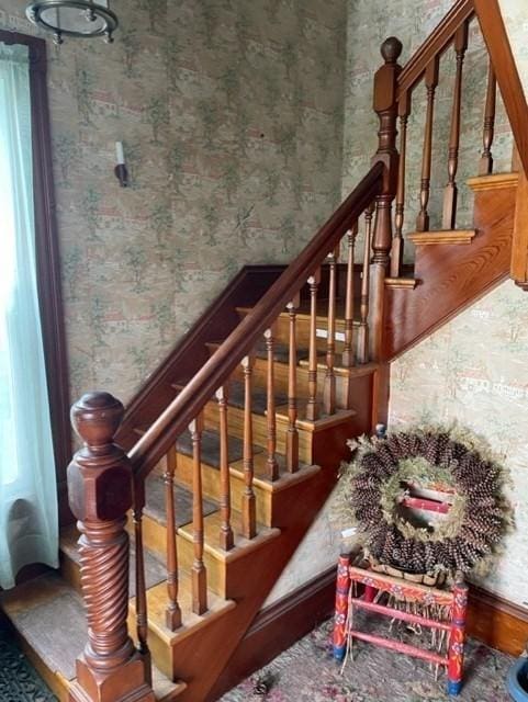6 Newton Ave, Worcester, MA 01602 - stairway featuring wallpapered walls