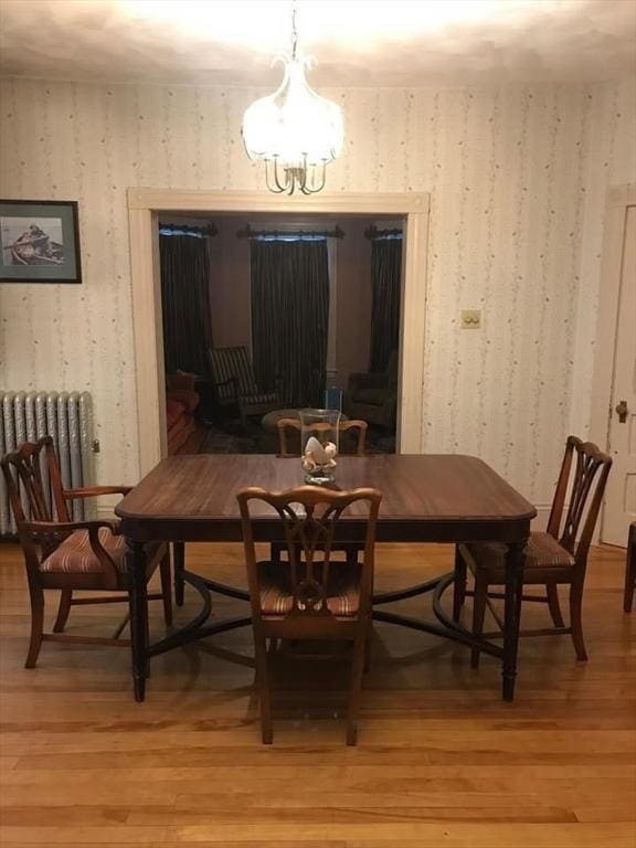 6 Newton Ave, Worcester, MA 01602 - dining area with radiator heating unit, wallpapered walls, light wood-type flooring, and a chandelier