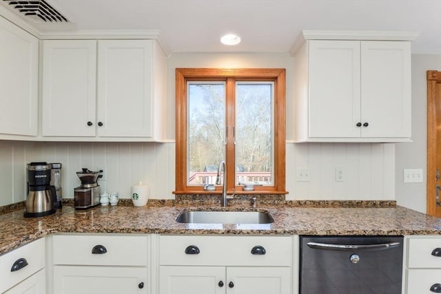 kitchen featuring white cabinetry, sink, dishwasher, and stone countertops