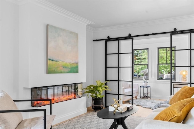 sitting room featuring a multi sided fireplace, a barn door, and ornamental molding