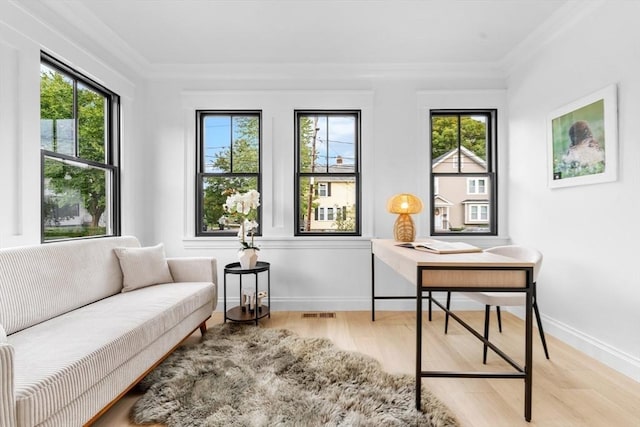 interior space with a healthy amount of sunlight, light hardwood / wood-style floors, and ornamental molding