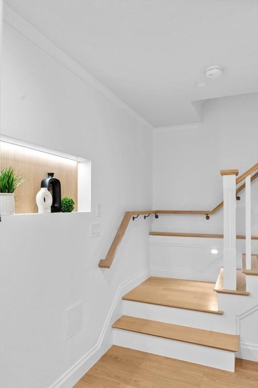 stairway with hardwood / wood-style flooring and crown molding