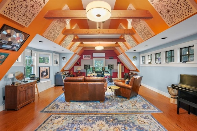 53 Abbott Rd, Wellesley, MA 02481 - living room featuring wood finished floors, baseboards, high vaulted ceiling, and beamed ceiling