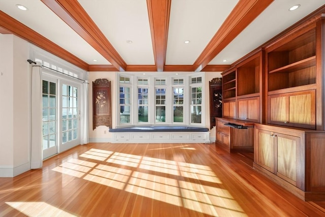 53 Abbott Rd, Wellesley, MA 02481 - unfurnished living room with light wood-type flooring, baseboards, ornamental molding, beamed ceiling, and recessed lighting