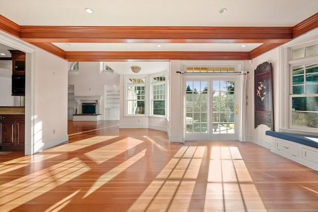 53 Abbott Rd, Wellesley, MA 02481 - unfurnished living room featuring crown molding, wood finished floors, baseboards, a premium fireplace, and recessed lighting