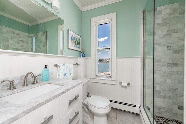 bathroom with a baseboard radiator, a wainscoted wall, a stall shower, toilet, and ornamental molding