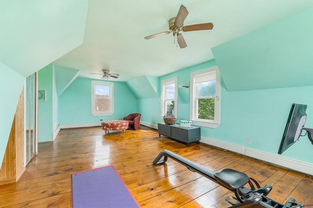 158 Cadish, Hull, MA 02045 - workout area with vaulted ceiling, a ceiling fan, hardwood / wood-style flooring, and baseboards