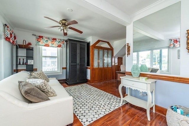 living area featuring ceiling fan, plenty of natural light, wood finished floors, ornamental molding, and baseboards