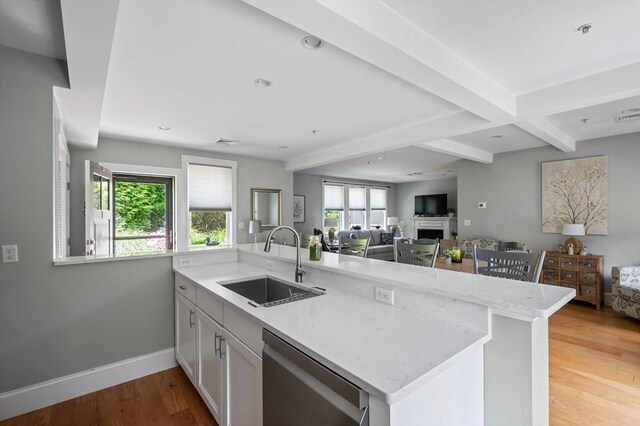 599 Washington St Unit 1, Pembroke, MA 02359 - kitchen with dishwasher, light stone countertops, beam ceiling, a fireplace, and light wood-type flooring