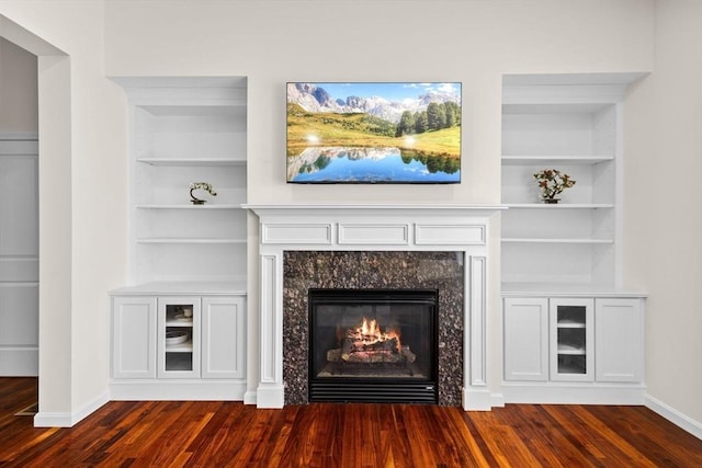 room details with a glass covered fireplace, built in features, and wood finished floors