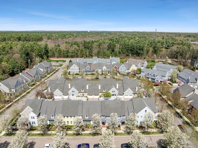 aerial view with a wooded view and a residential view