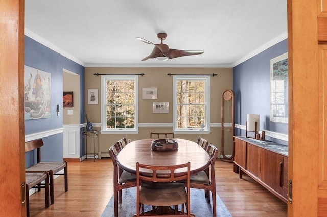 dining area featuring crown molding, ceiling fan, and light wood finished floors