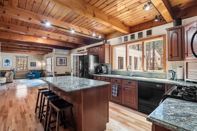 kitchen featuring plenty of natural light, a sink, black appliances, and light wood-style floors