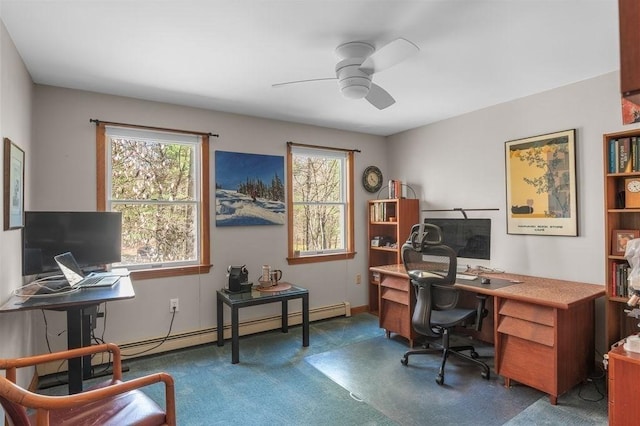 carpeted office featuring plenty of natural light, ceiling fan, and a baseboard heating unit