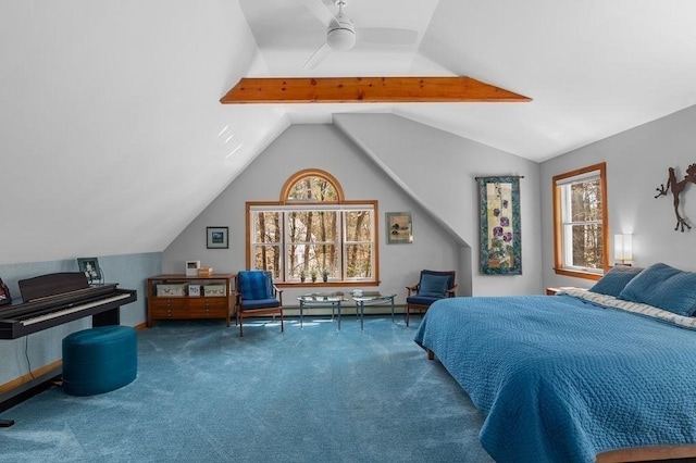 carpeted bedroom with vaulted ceiling with beams