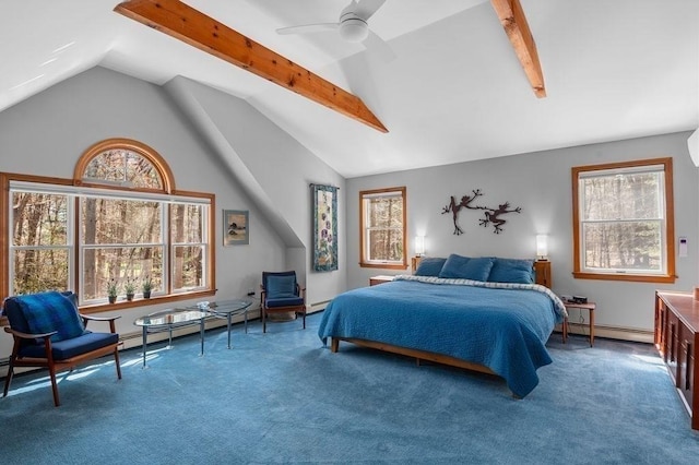carpeted bedroom with a baseboard radiator, vaulted ceiling with beams, and a ceiling fan
