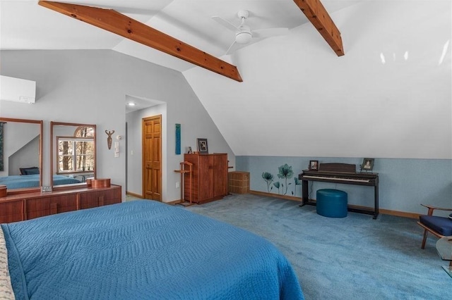 bedroom featuring carpet flooring, a ceiling fan, baseboards, and vaulted ceiling with beams