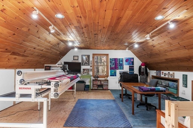 office space featuring rail lighting, vaulted ceiling, and wooden ceiling
