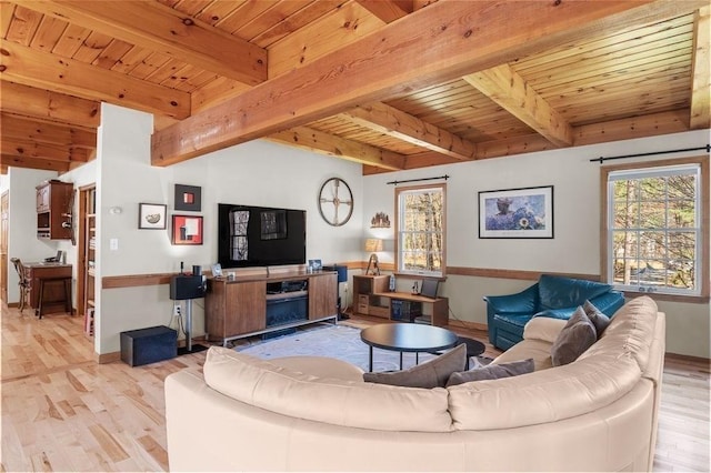living room with plenty of natural light, wood ceiling, and wood finished floors