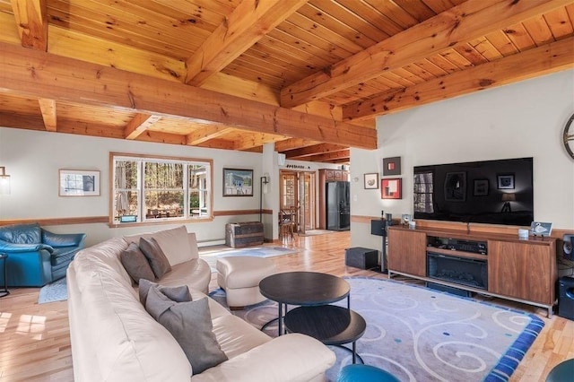 living room with light wood-style floors, wooden ceiling, and beamed ceiling
