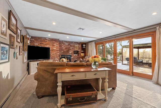 living room featuring light carpet, a fireplace, a baseboard radiator, and french doors