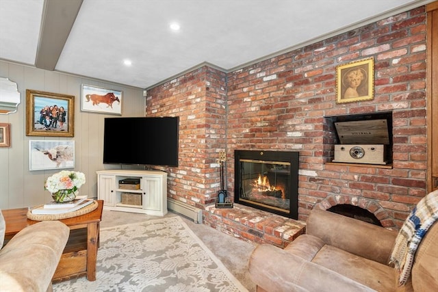 living room featuring a fireplace