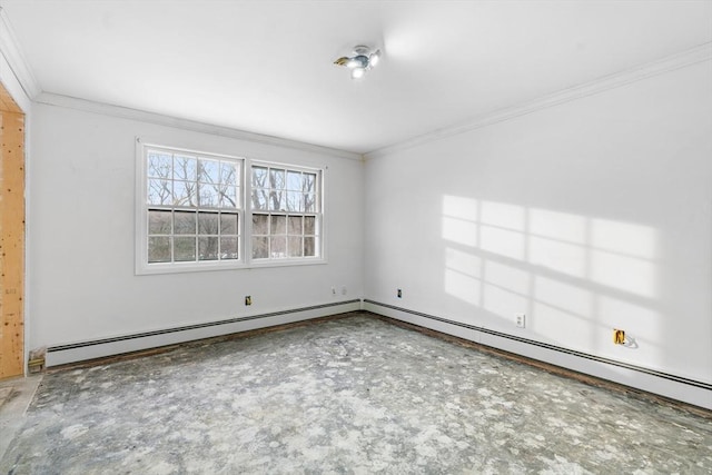 unfurnished room with crown molding and a baseboard radiator