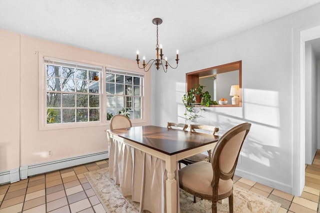 dining room with a baseboard heating unit, light tile patterned floors, and a notable chandelier