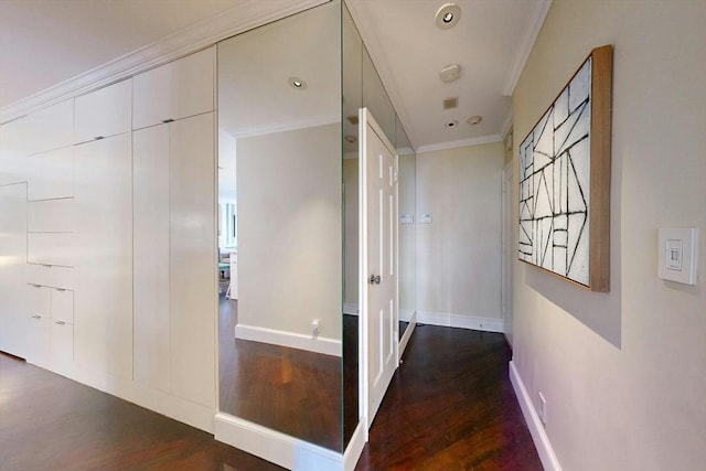 hallway featuring crown molding and dark hardwood / wood-style flooring