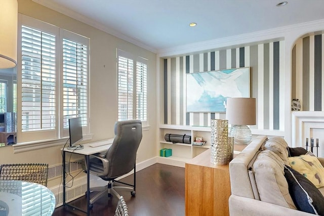 office space with hardwood / wood-style flooring and crown molding