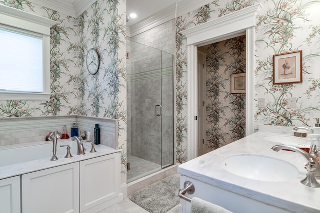 bathroom with ornamental molding, independent shower and bath, and double vanity