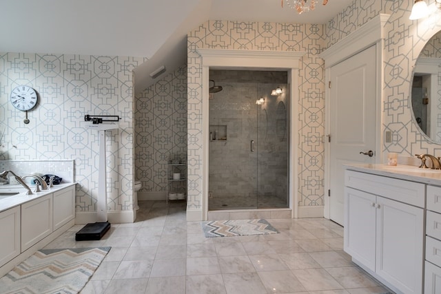 full bathroom featuring oversized vanity, toilet, plus walk in shower, and tile floors