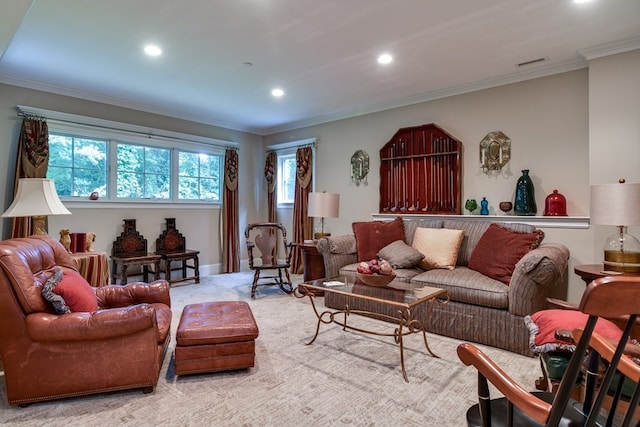 carpeted living room featuring crown molding