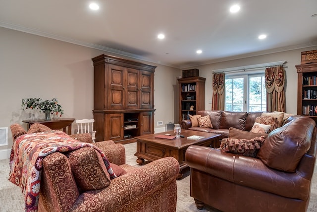 living room featuring light colored carpet and ornamental molding