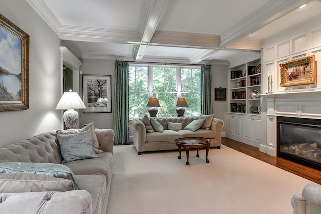 living room with hardwood / wood-style floors, ornamental molding, built in features, coffered ceiling, and beam ceiling