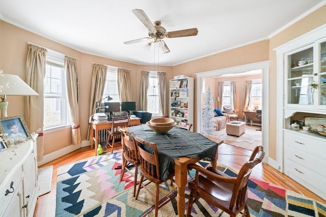 dining room with crown molding, plenty of natural light, light hardwood / wood-style floors, and ceiling fan