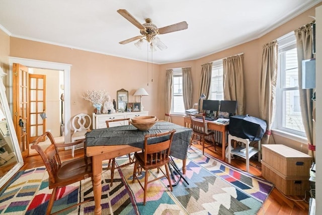 interior space with ceiling fan, ornamental molding, a healthy amount of sunlight, and light wood-type flooring