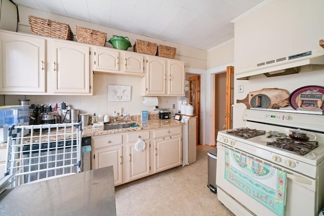 kitchen featuring white gas range, ornamental molding, sink, and exhaust hood