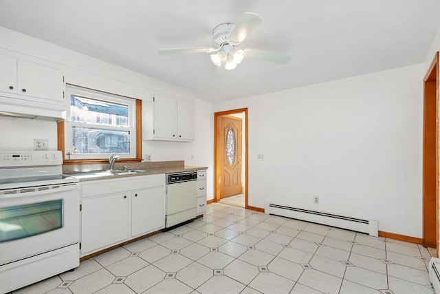 kitchen with sink, baseboard heating, white appliances, and white cabinetry